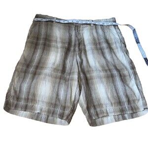 TOMMY BAHAMA Paradise Nation Tan Plaid Linen & Silk Blend Zip‎ Fly SHORTS sz 36